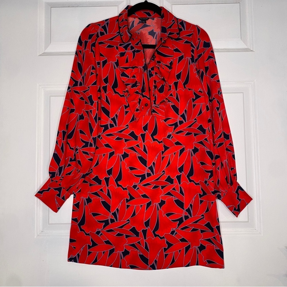 Ann Taylor Red & Navy Blue Long Sleeve Collared Ruffle Front Dress Size XS